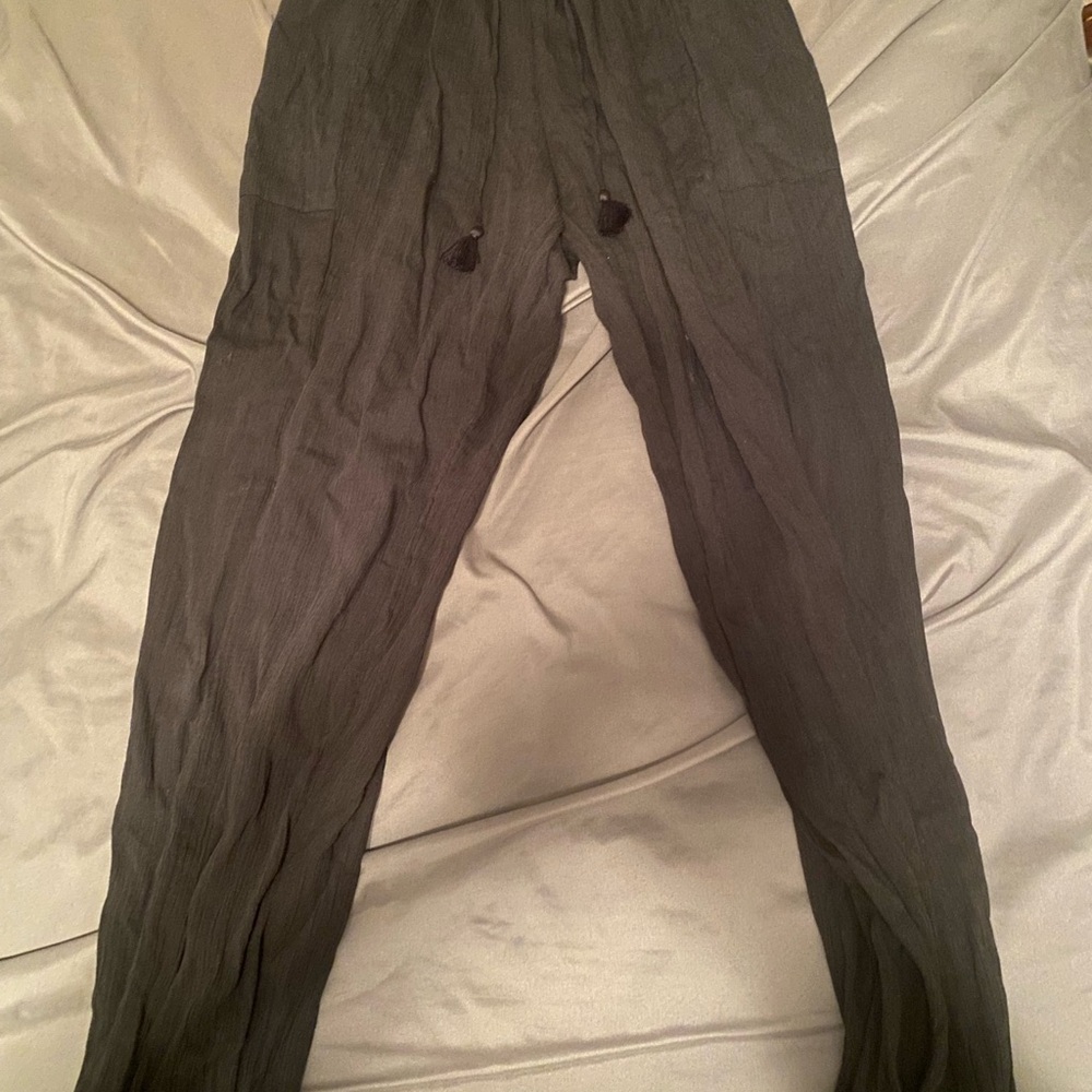Aerie High Waisted Cuffed Beach Pant Linen Jogger Black XXS
